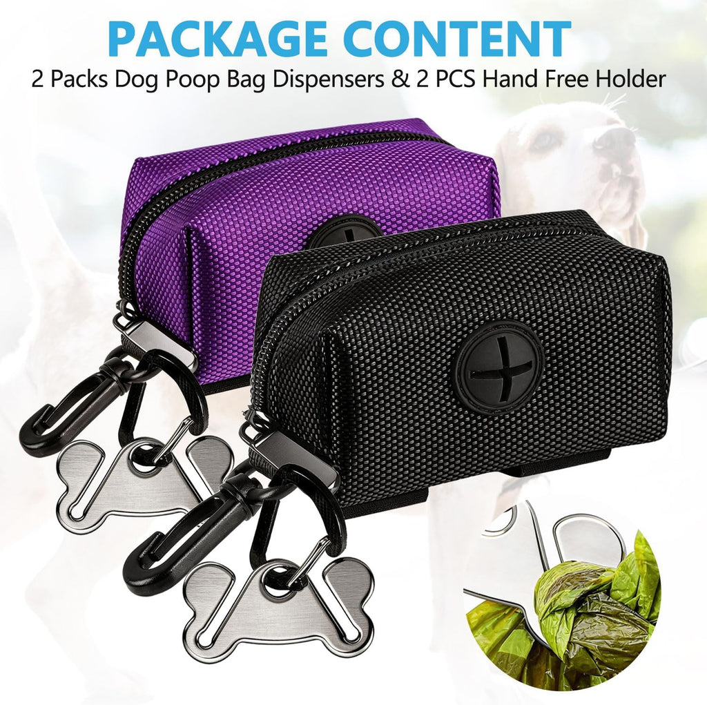 2 Pack Dog Poop Bag Holder for Leash Attachment - Waste Bag Dispenser for Leash - Fits Any Dog Leash - Portable Set with 1 Hand Free Holder Metal Carrier - Black&Purple