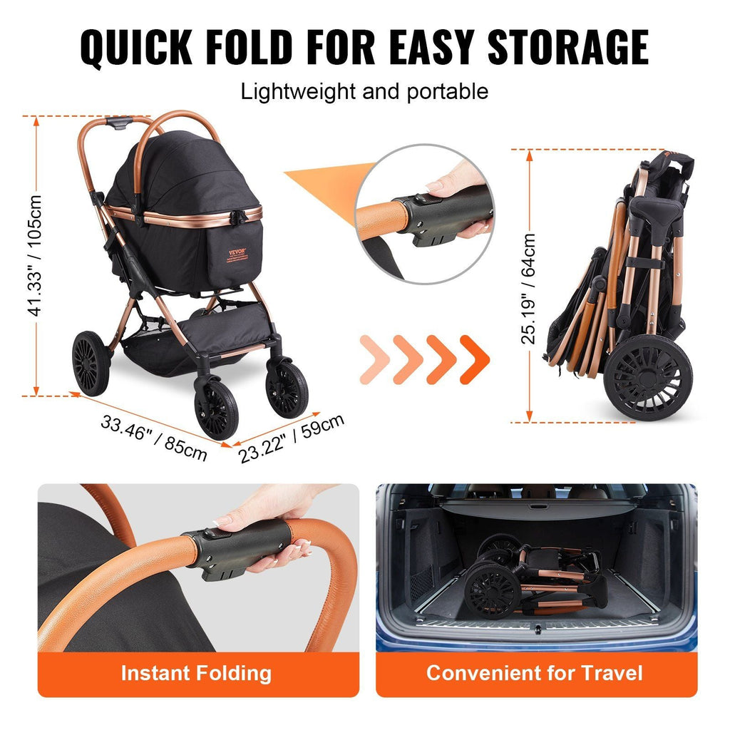 Pet Stroller - 4 Wheels Dog Stroller Rotate with Brakes, 66 lbs Weight Capacity, Puppy Stroller with Detachable Carrier, Storage Basket and Pet Pad, for Small to Medium Sized Dogs, Black